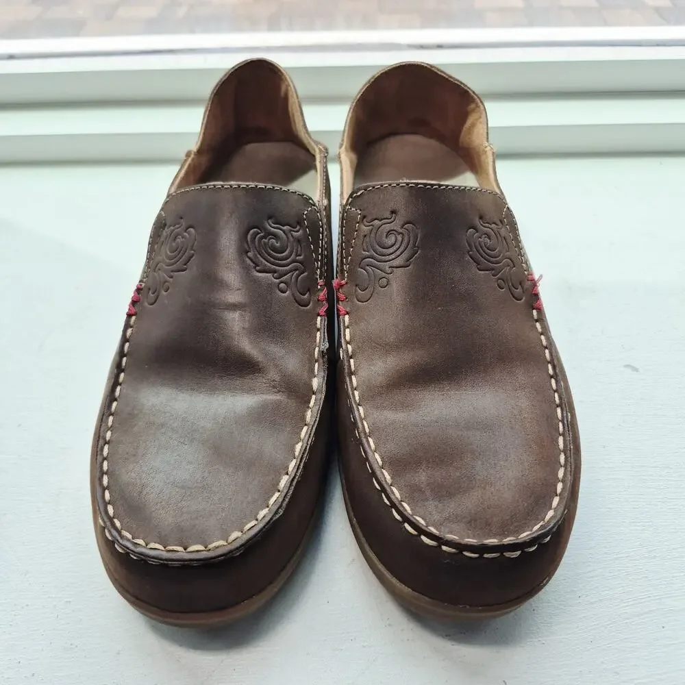 Olukai Nohea Womens Shoes US 10 Nubuck Brown Leather Slip on Loafers Drop Heels - Picture 2 of 9